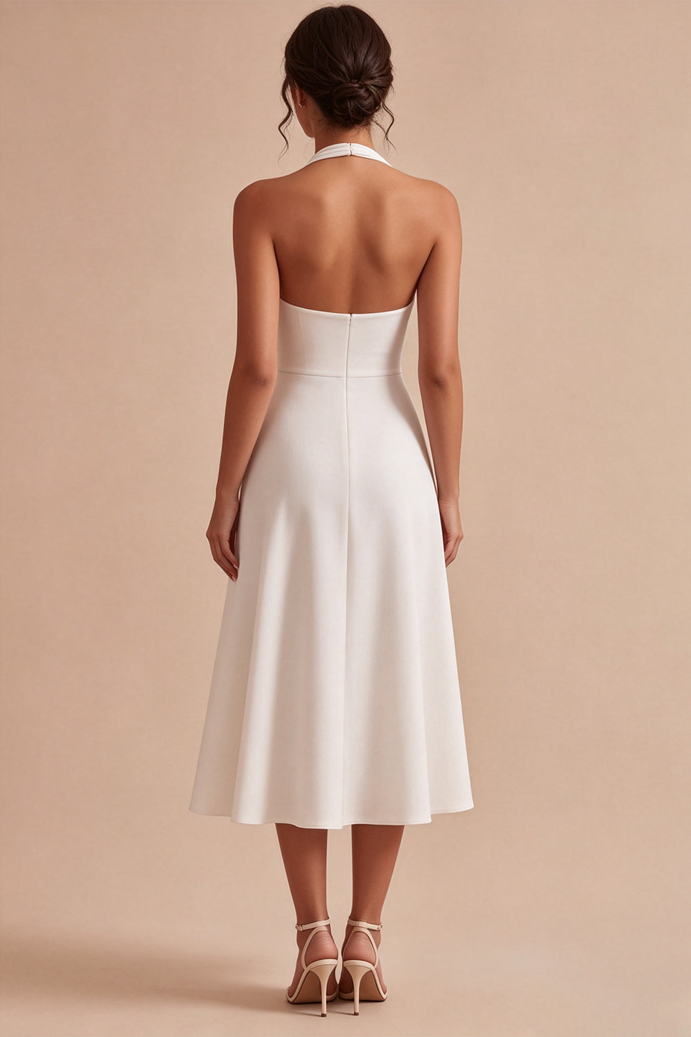 A-Line White Halter Neck Midi Engagement Dress
