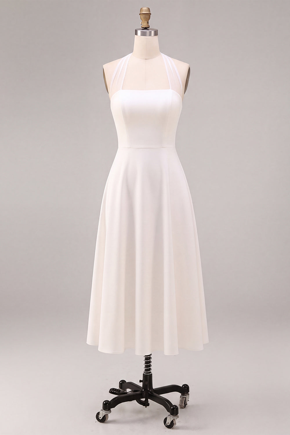 A-Line White Halter Neck Midi Engagement Dress