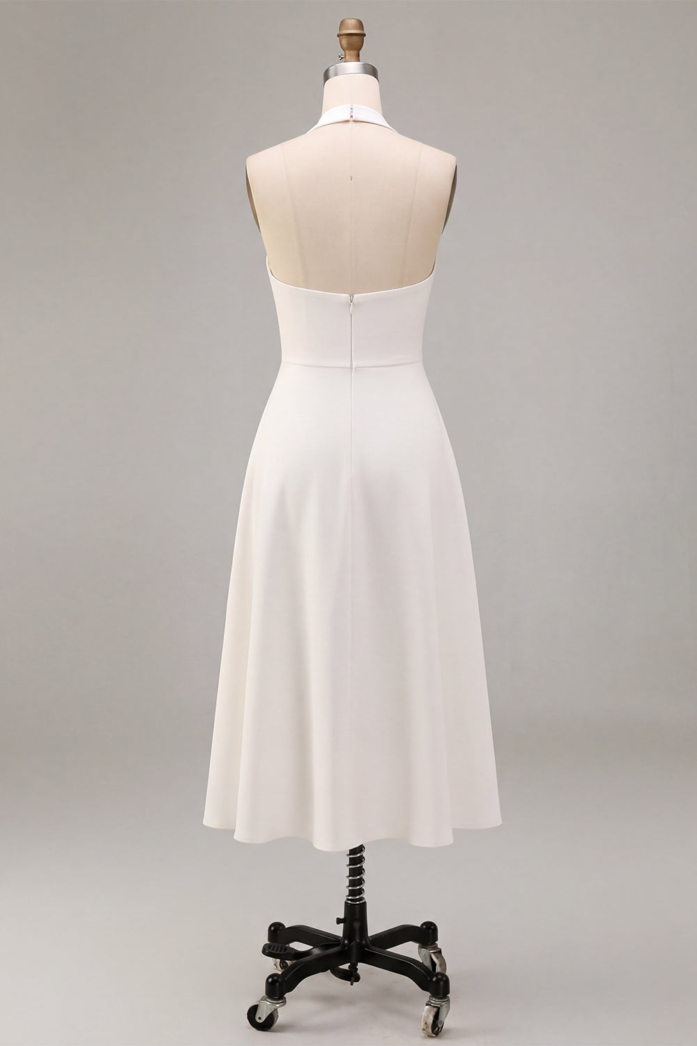 A-Line White Halter Neck Midi Engagement Dress