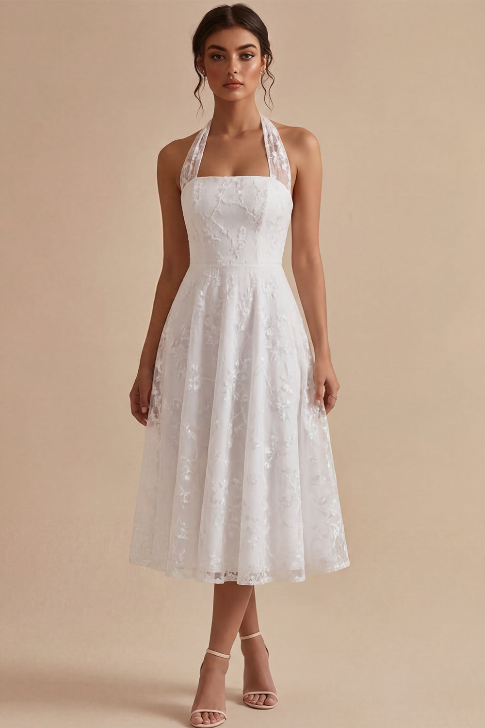 A-Line White Flower Halter Neck Midi Engagement Dress with Lace