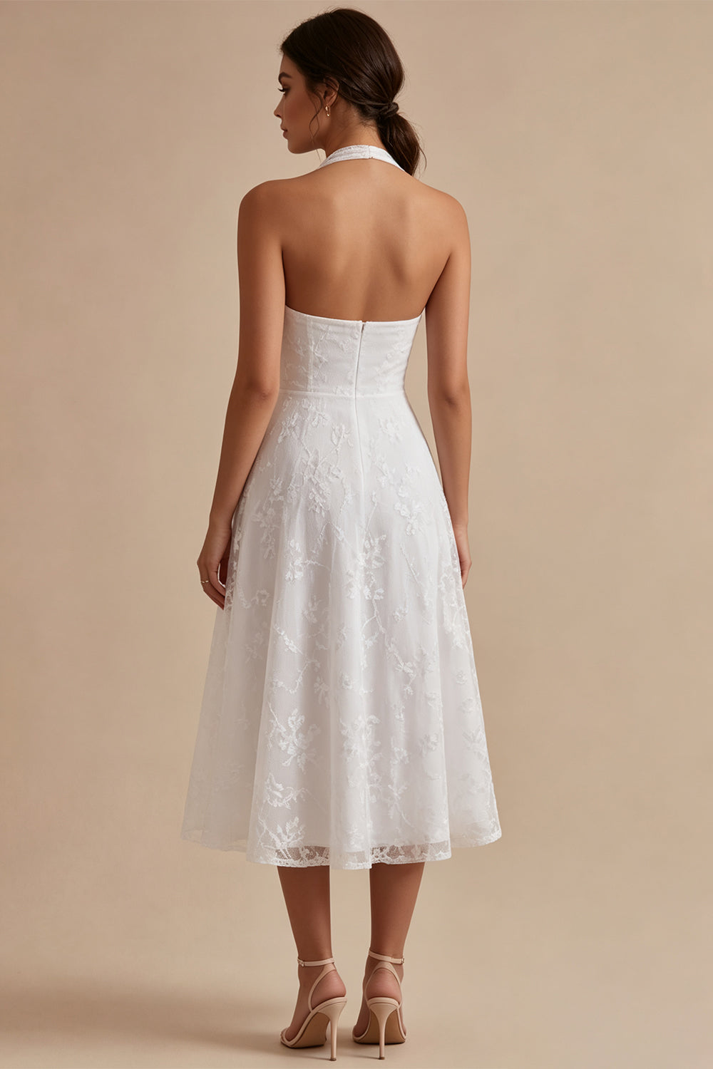A-Line White Flower Halter Neck Midi Engagement Dress with Lace
