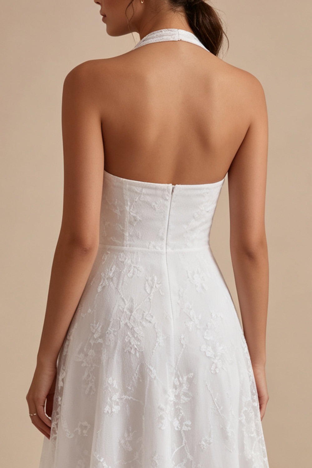 A-Line White Flower Halter Neck Midi Engagement Dress with Lace