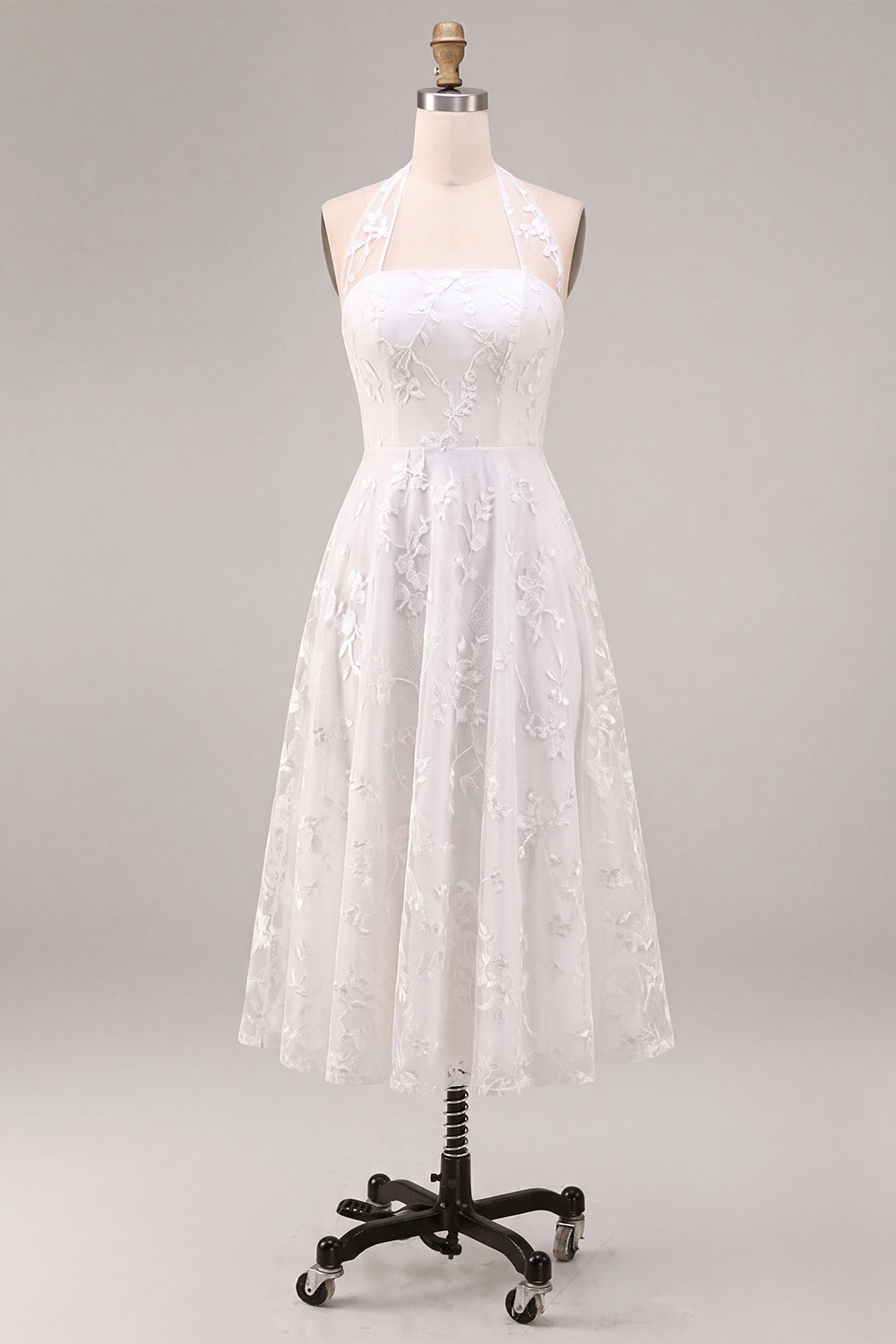 A-Line White Flower Halter Neck Midi Engagement Dress with Lace
