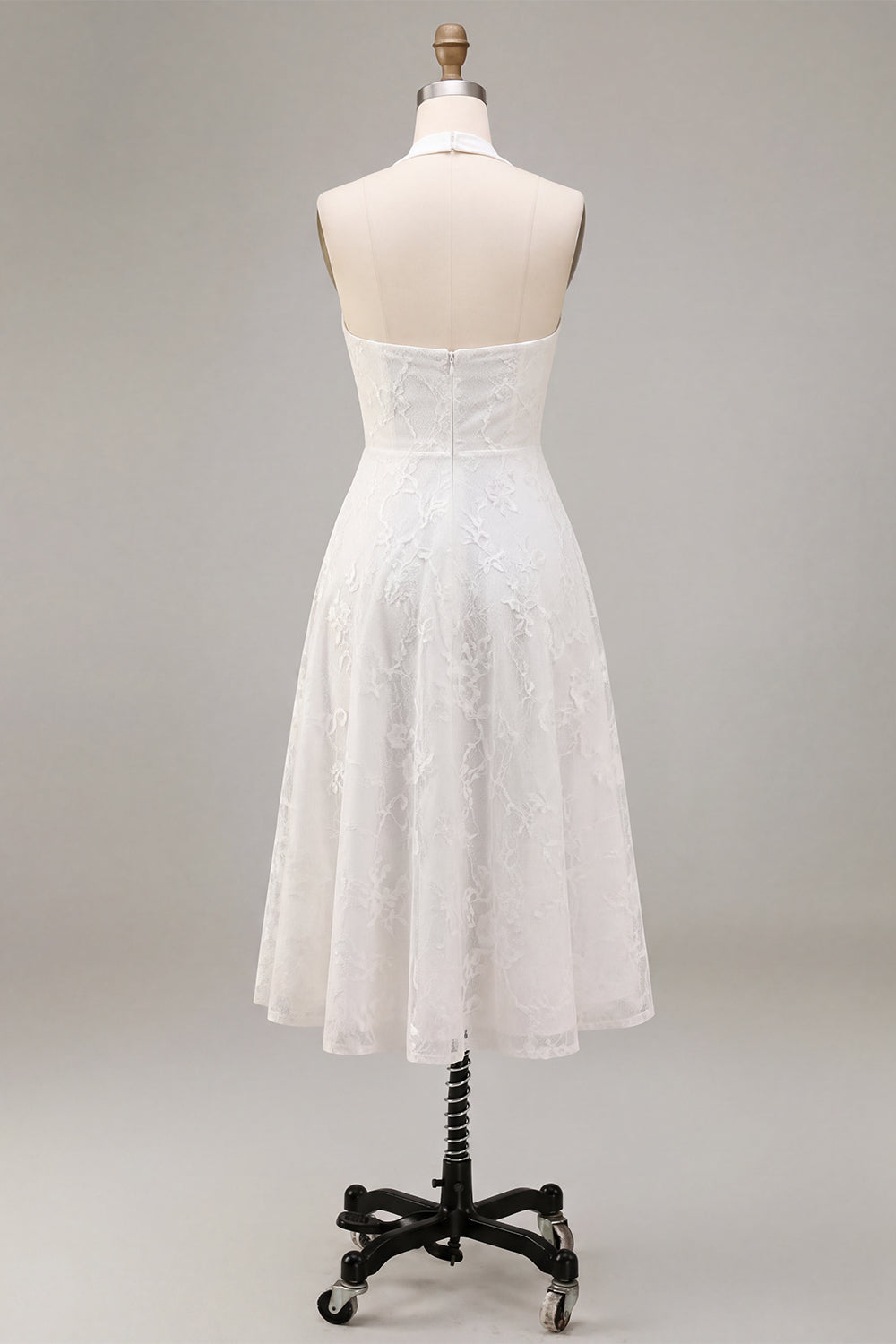 A-Line White Flower Halter Neck Midi Engagement Dress with Lace