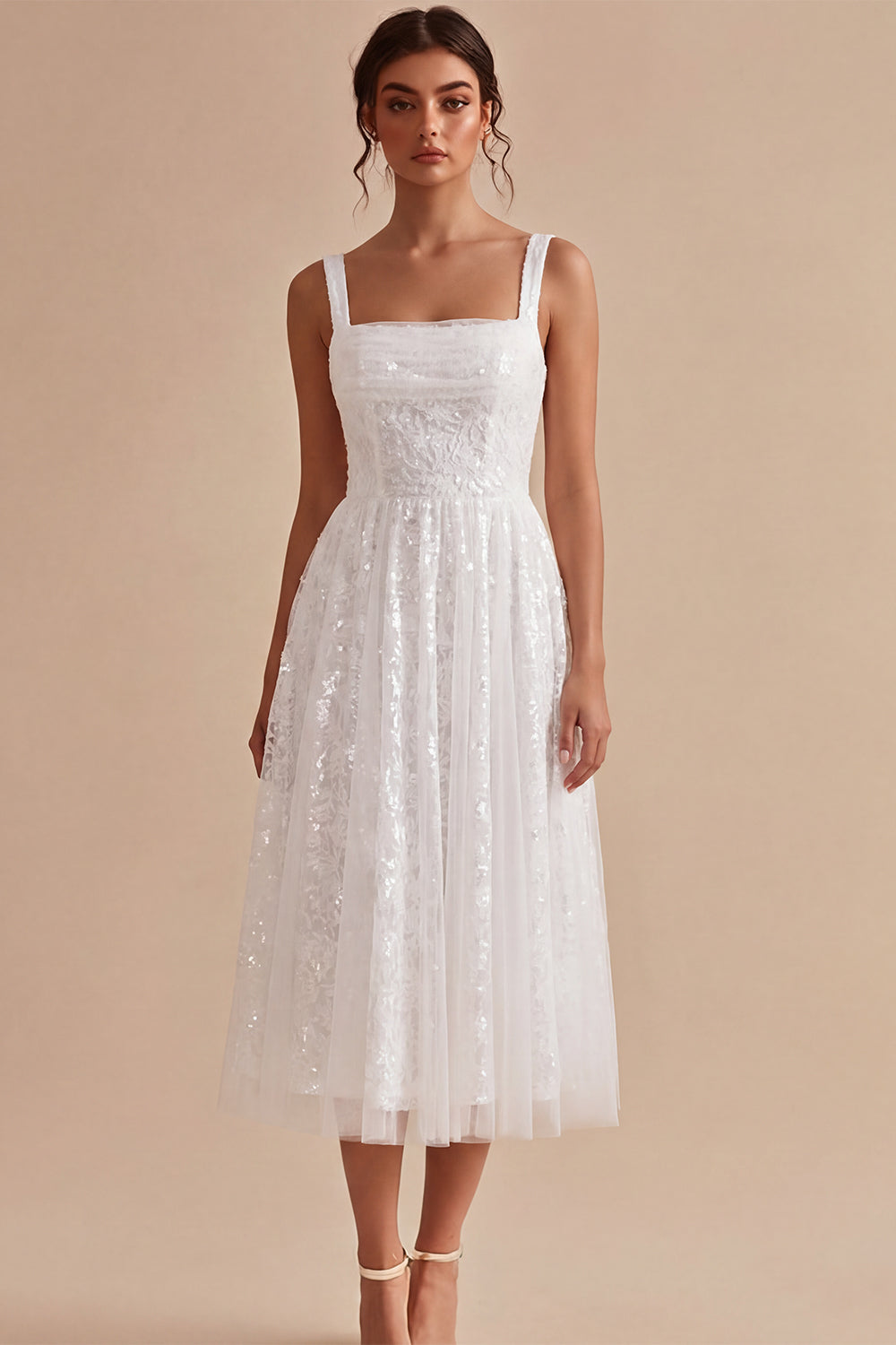 A-Line White Square Neck Floral Midi Engagement Dress