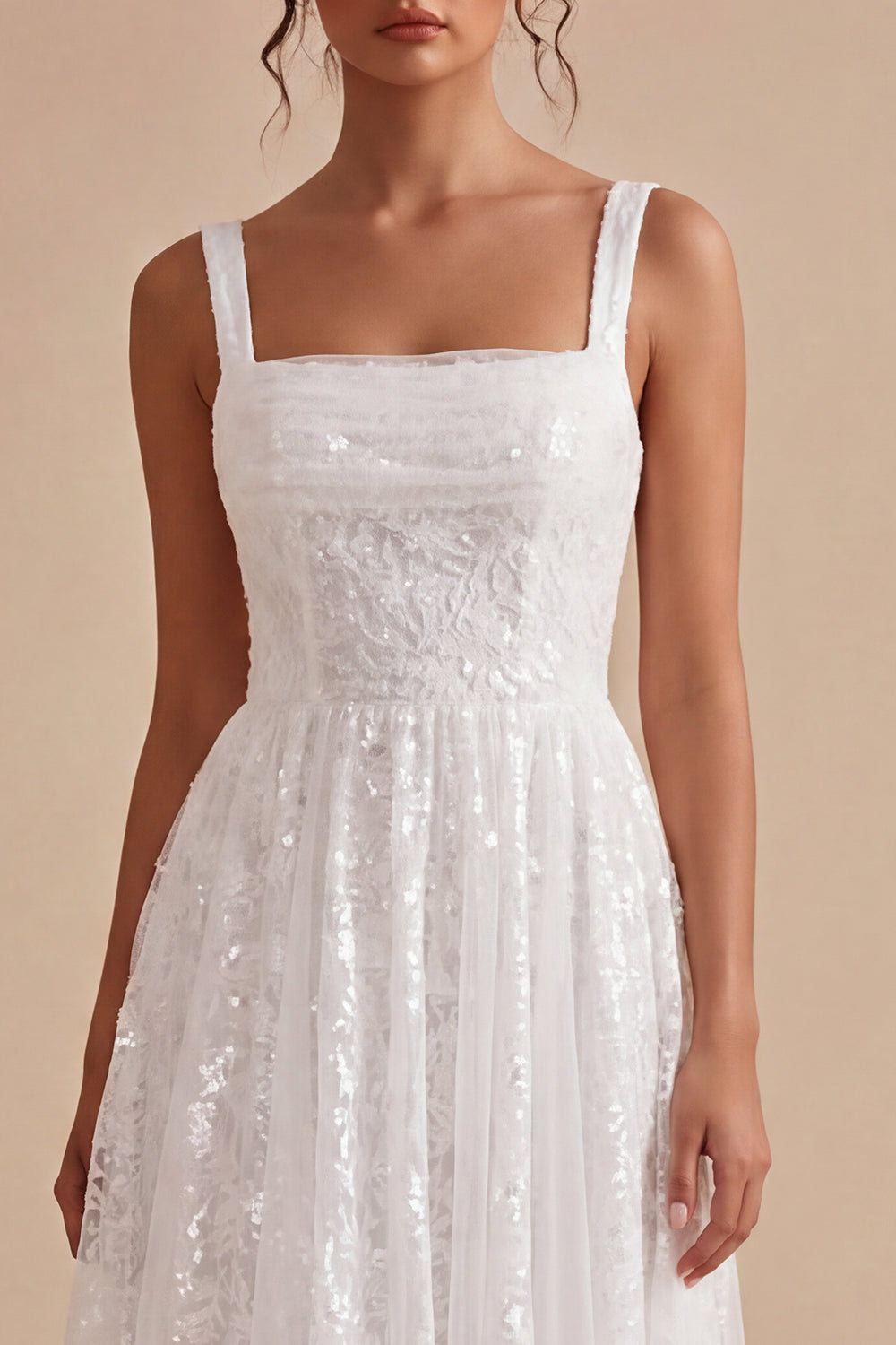 A-Line White Square Neck Floral Midi Engagement Dress