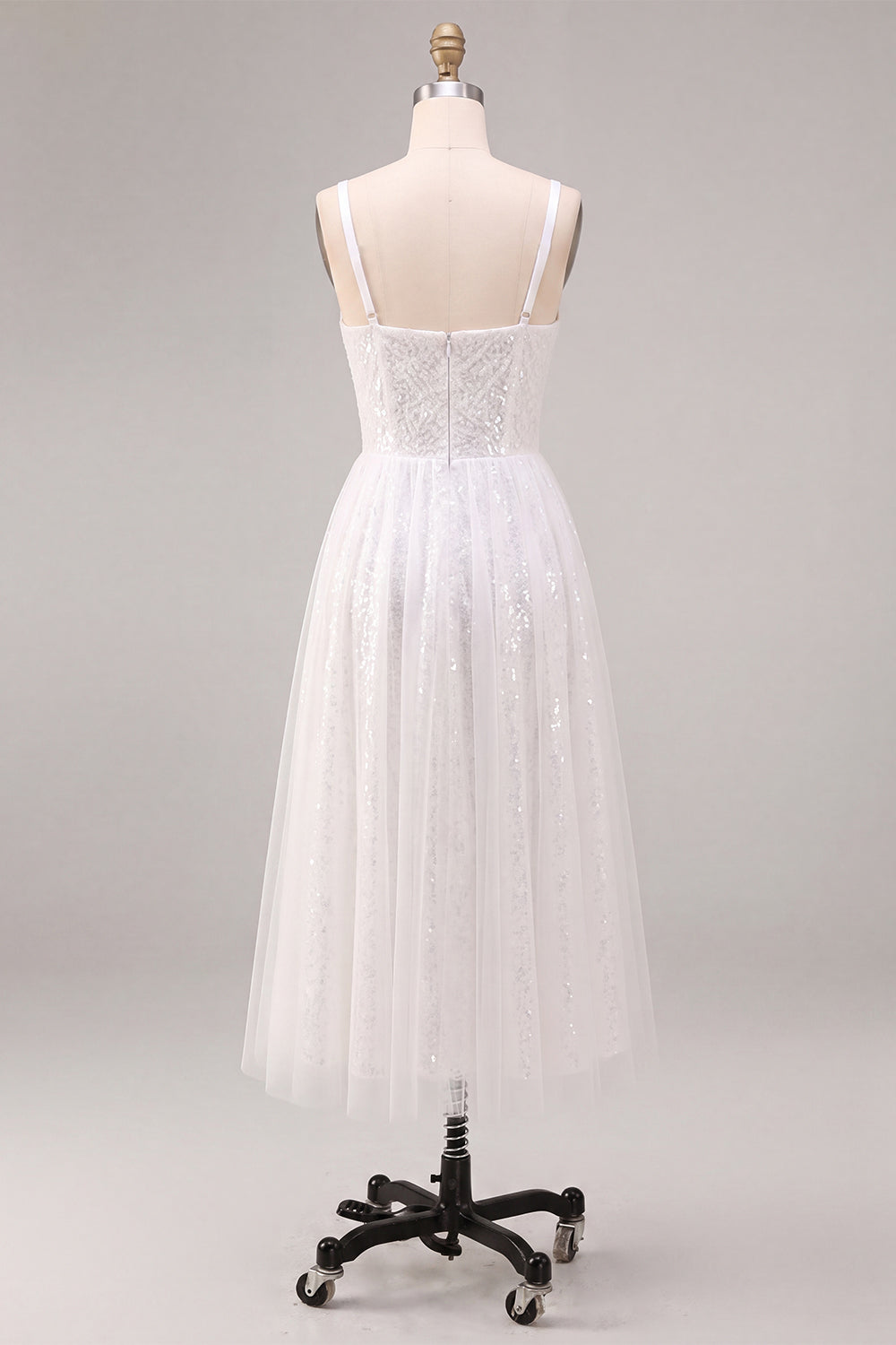 A-Line White Square Neck Floral Midi Engagement Dress