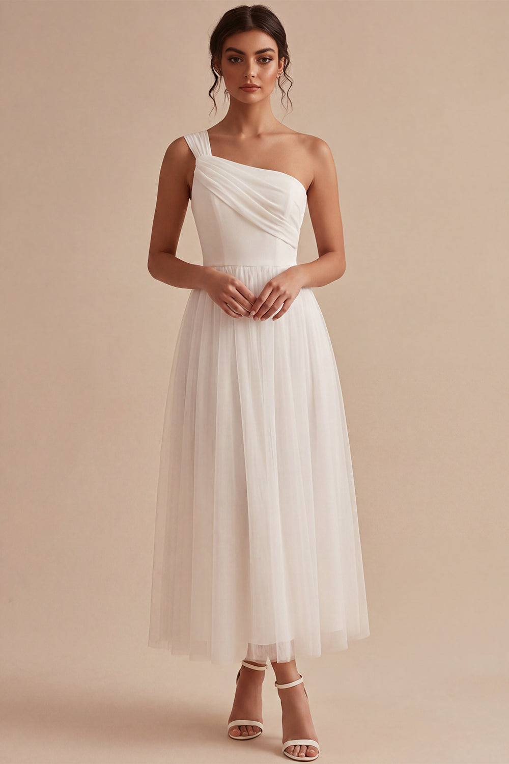 One Shoulder A-Line White Midi Engagement Dress