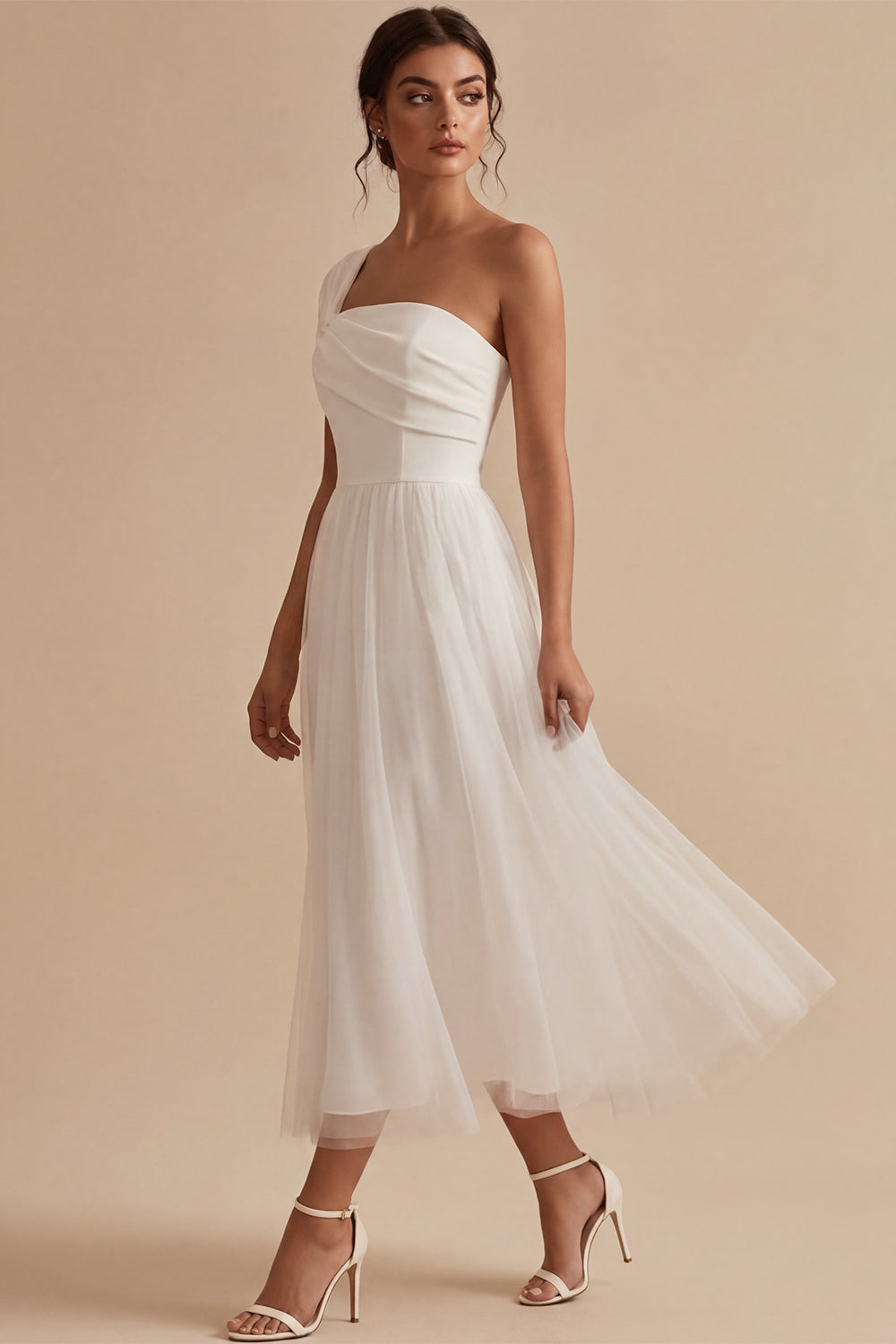 One Shoulder A-Line White Midi Engagement Dress