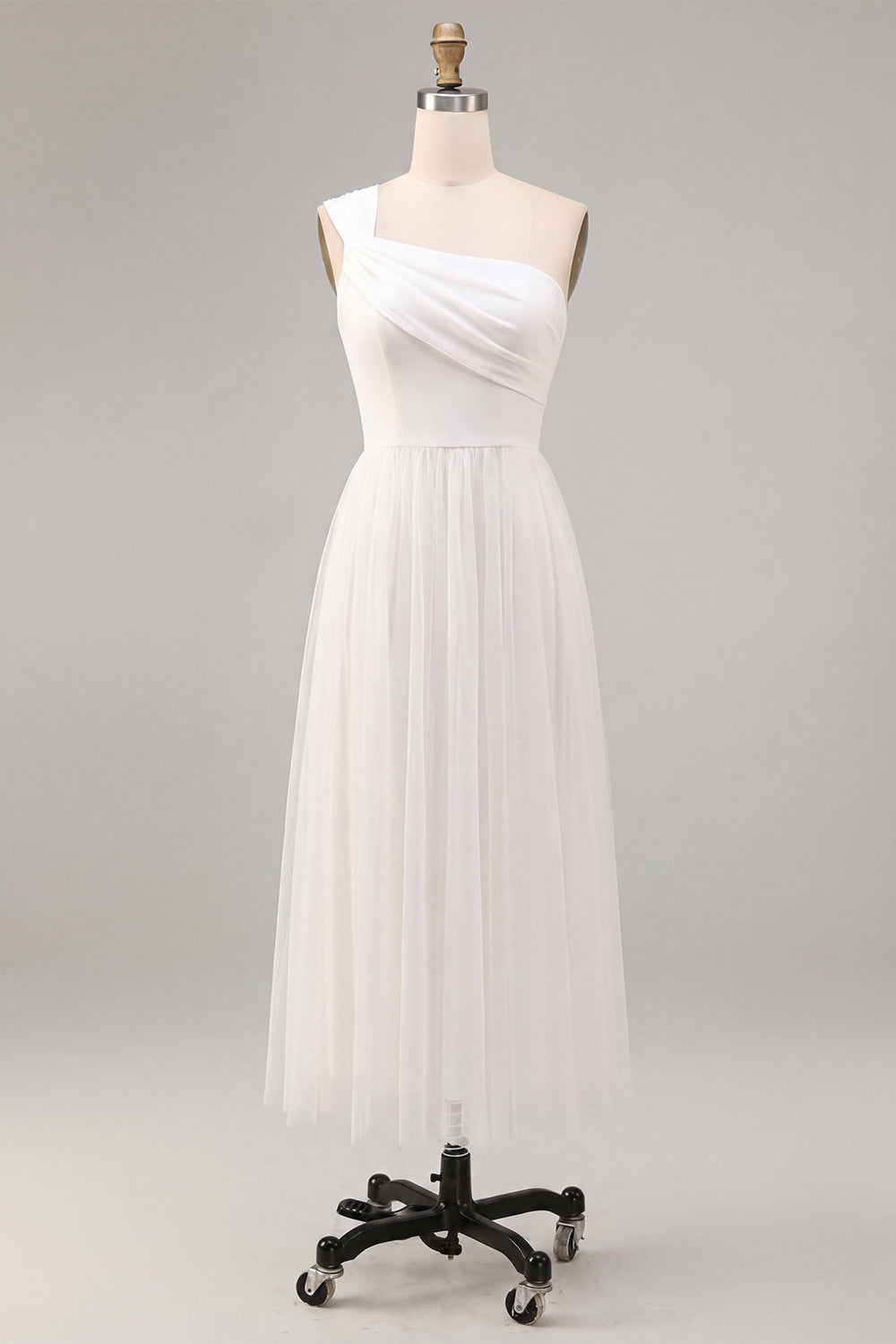 One Shoulder A-Line White Midi Engagement Dress