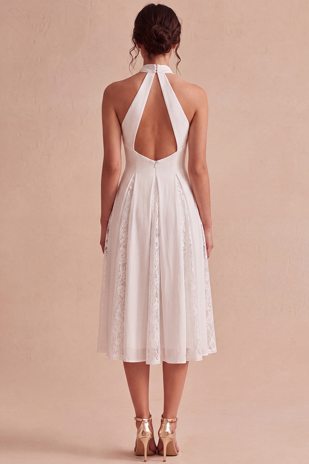 White Halter Neck A-Line Midi Engagement Dress with Lace