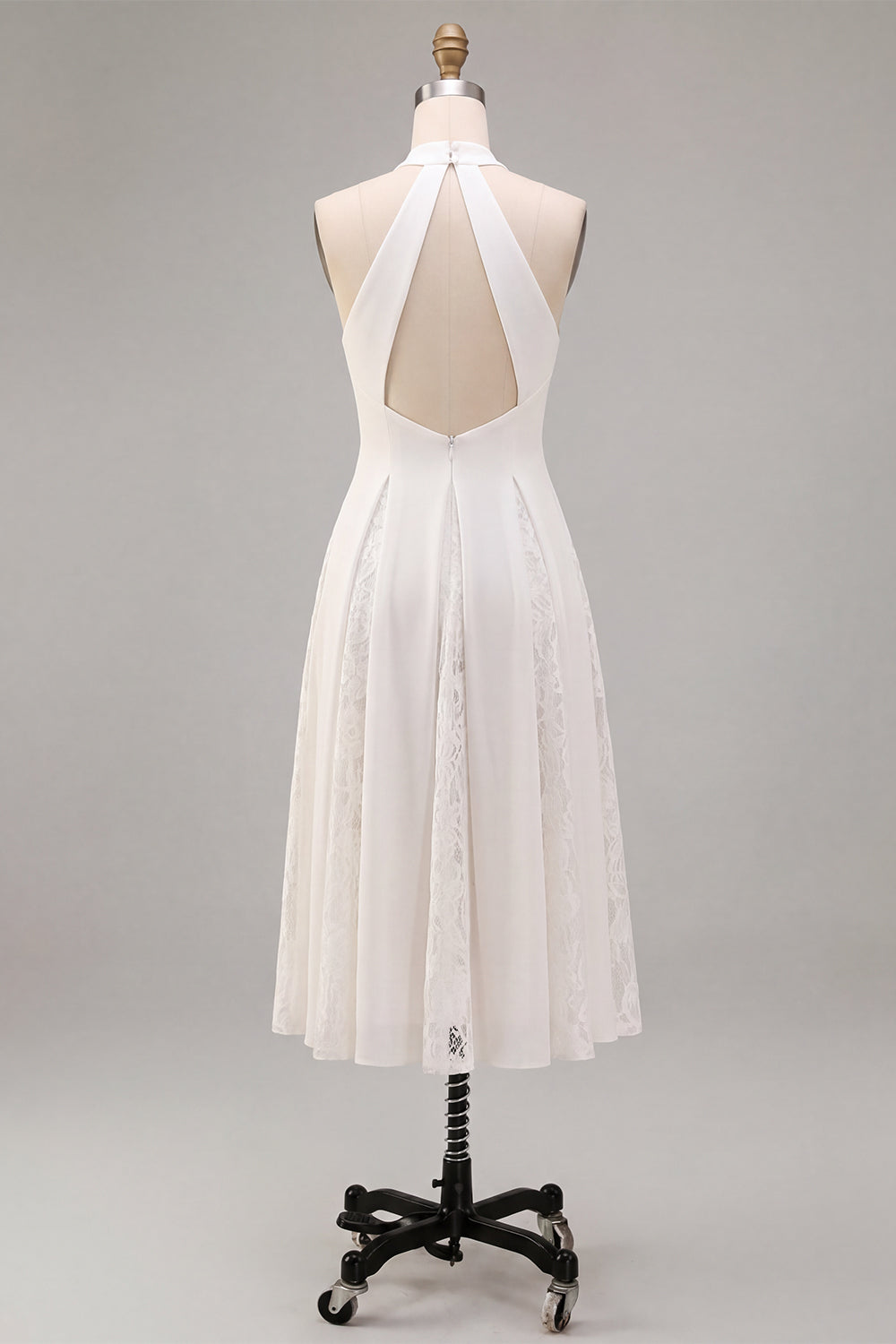 White Halter Neck A-Line Midi Engagement Dress with Lace