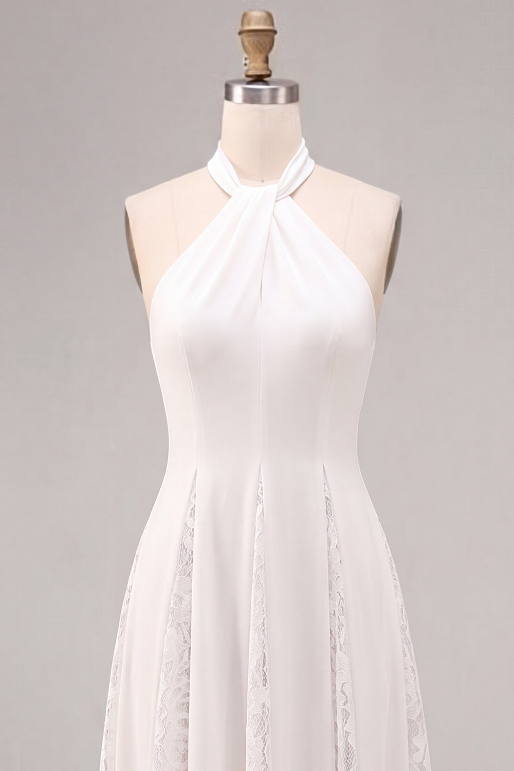White Halter Neck A-Line Midi Engagement Dress with Lace