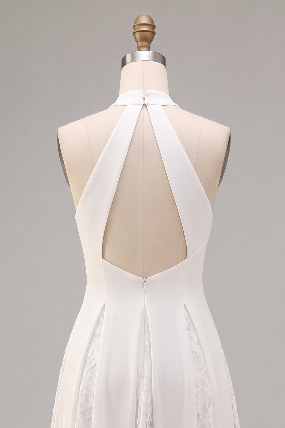 White Halter Neck A-Line Midi Engagement Dress with Lace