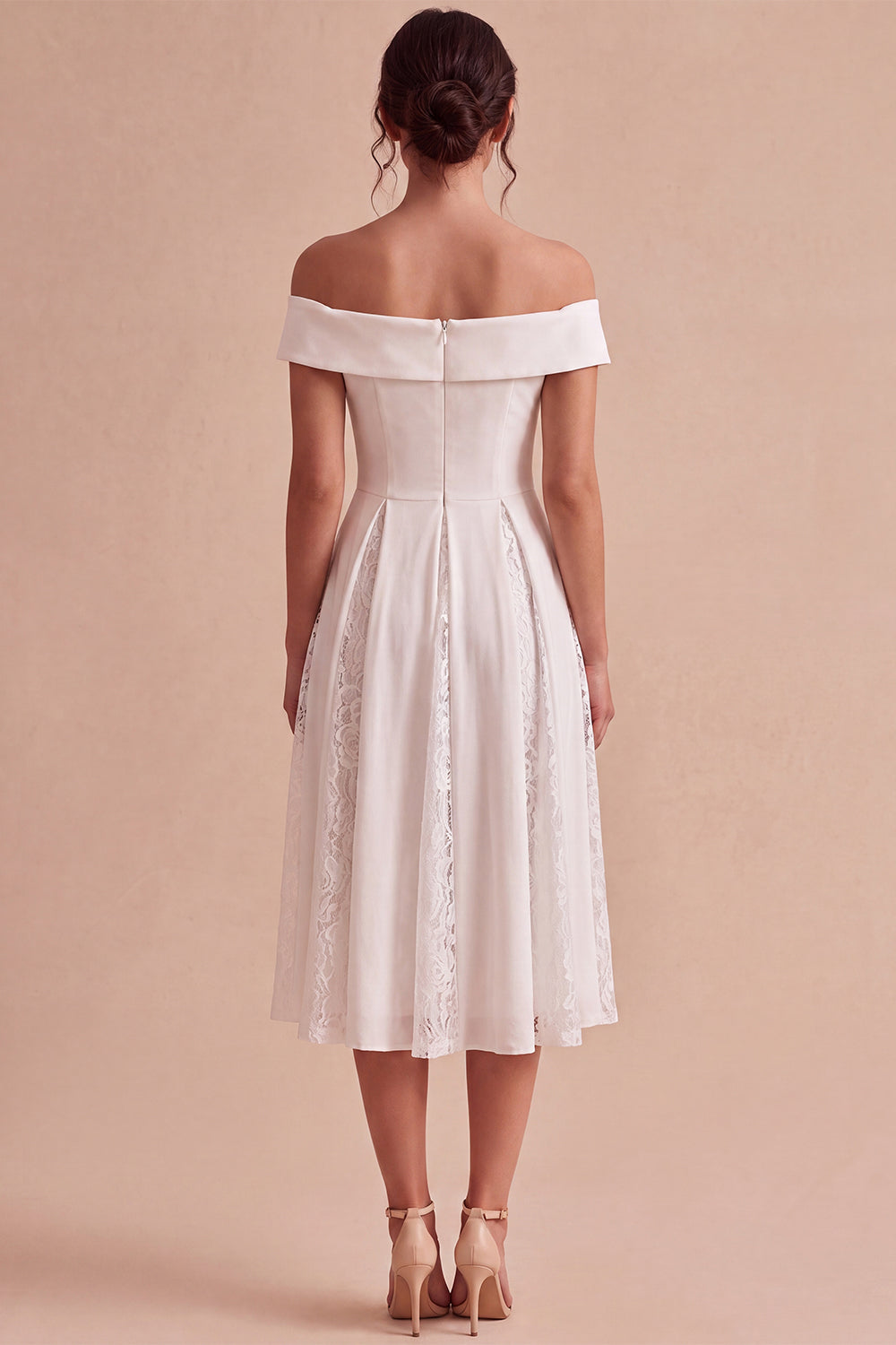 Off the Shoulder White A-Line Midi Engagement Dress with Lace