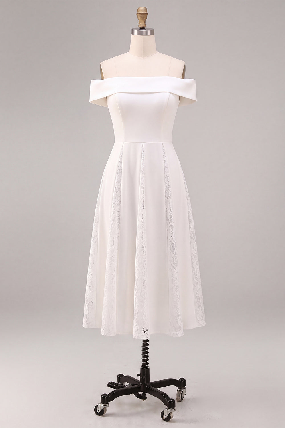 Off the Shoulder White A-Line Midi Engagement Dress with Lace