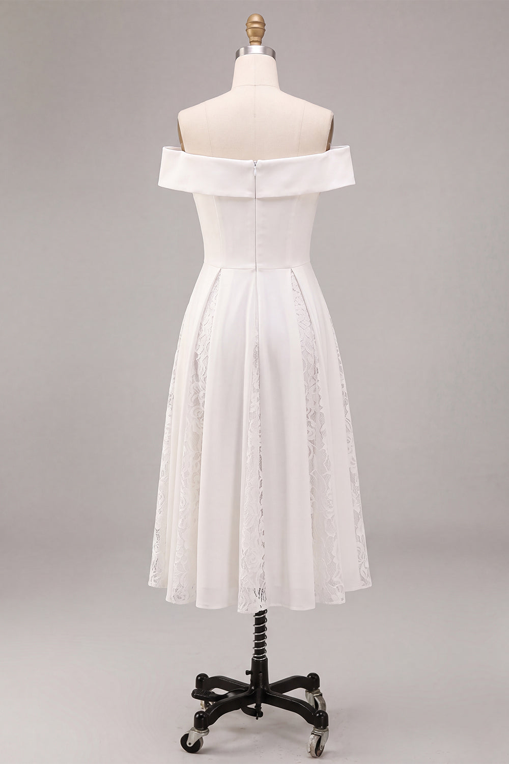 Off the Shoulder White A-Line Midi Engagement Dress with Lace