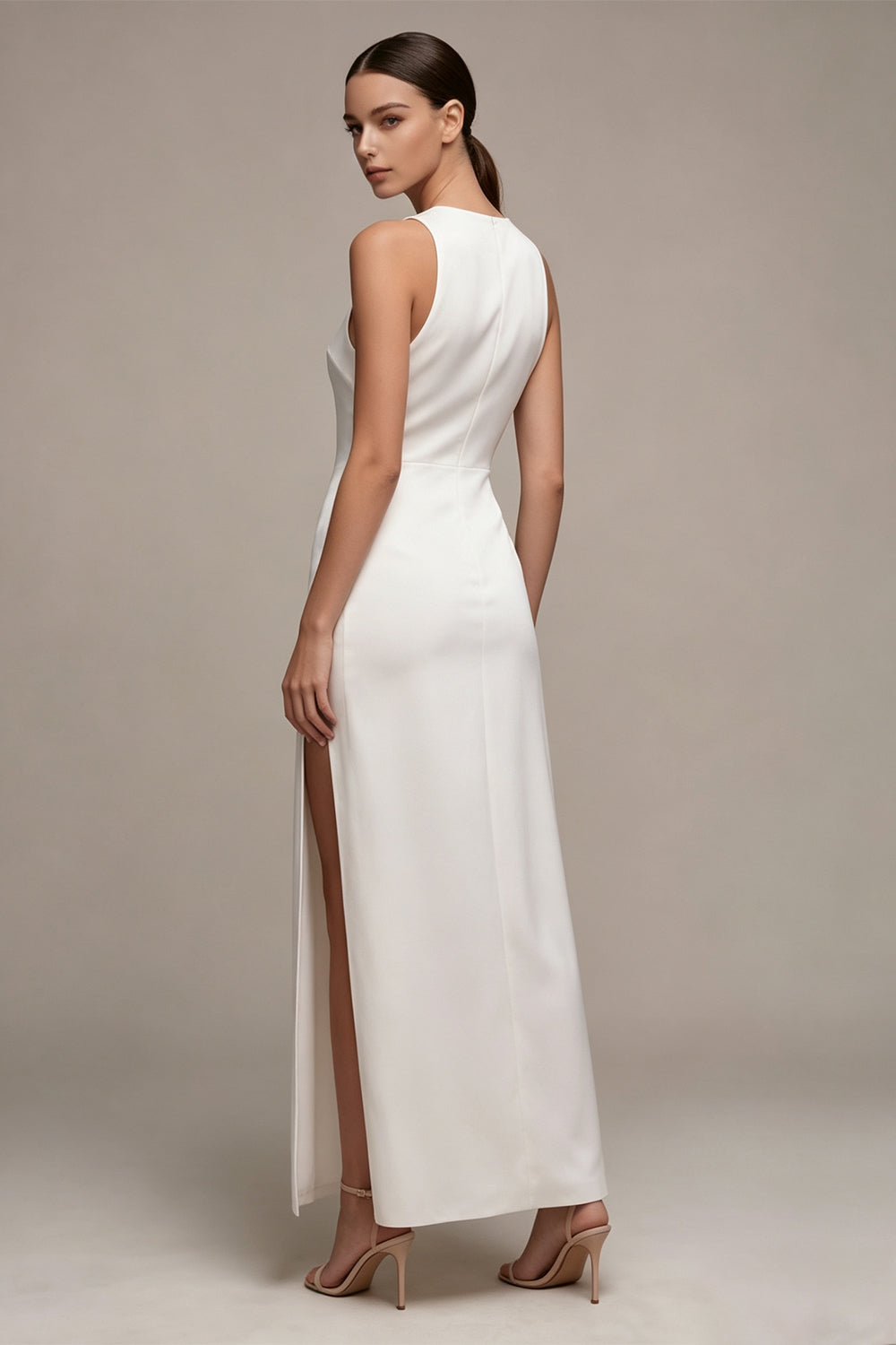 White Mermaid Round Neck Satin Long Engagement Dress with Slit