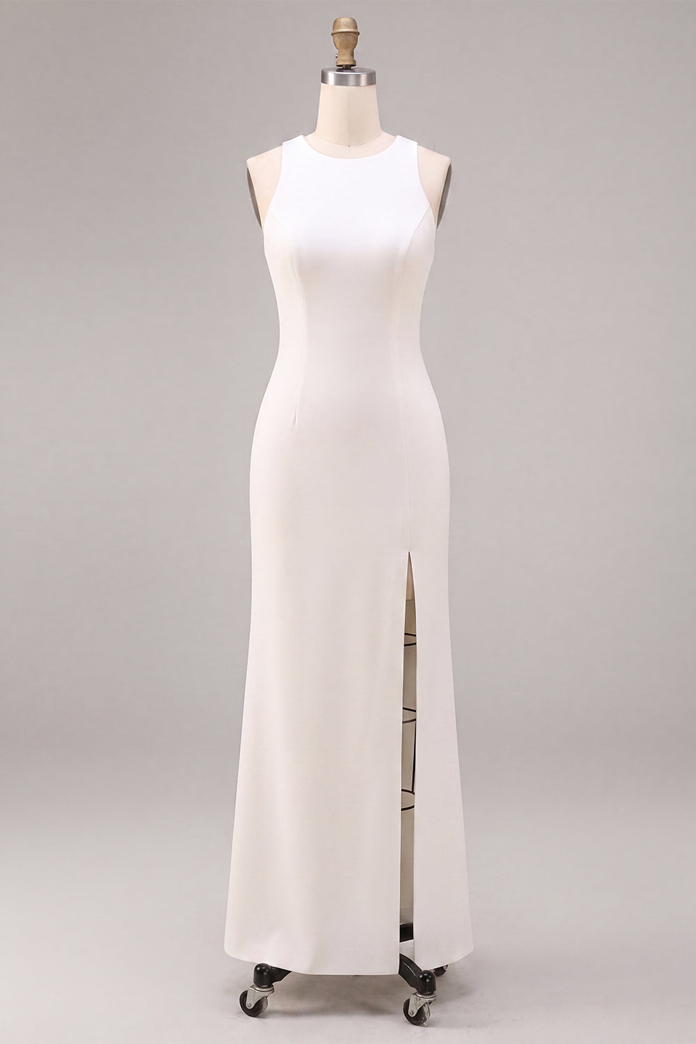 White Mermaid Round Neck Satin Long Engagement Dress with Slit