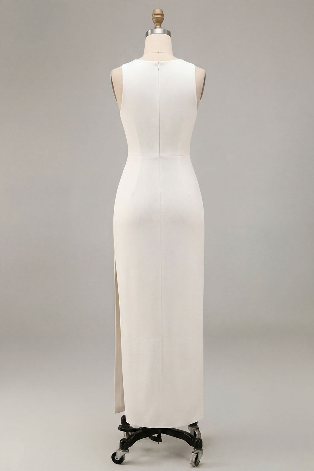 White Mermaid Round Neck Satin Long Engagement Dress with Slit