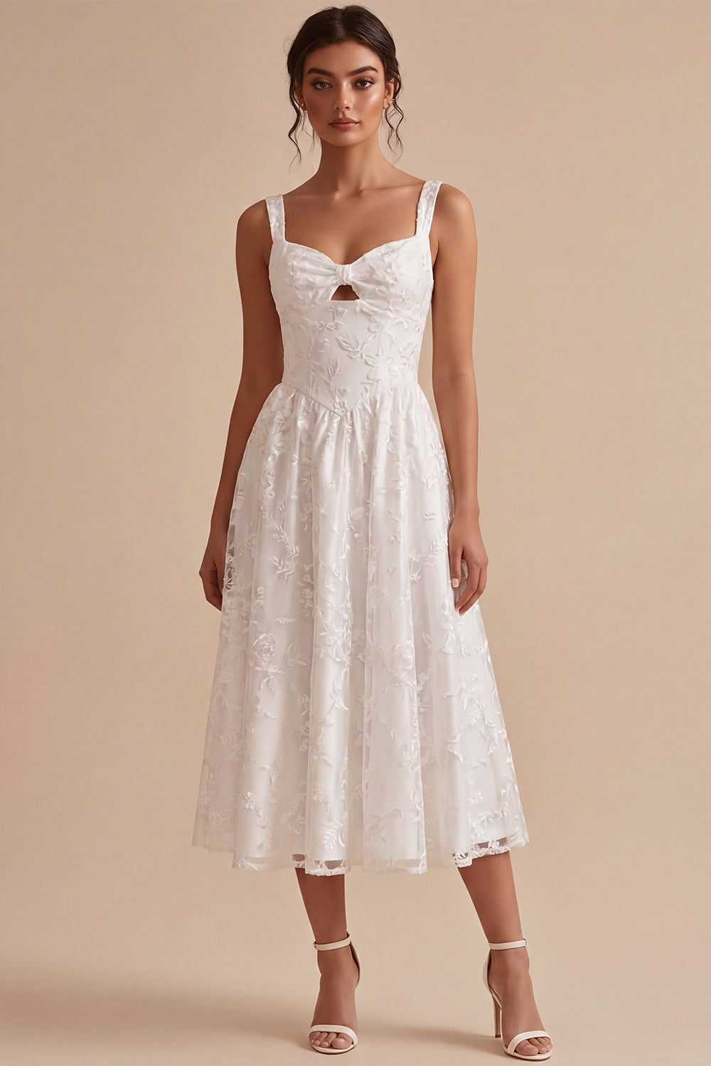 A-Line White Floral Thick Straps Keyhole Midi Engagement Dress