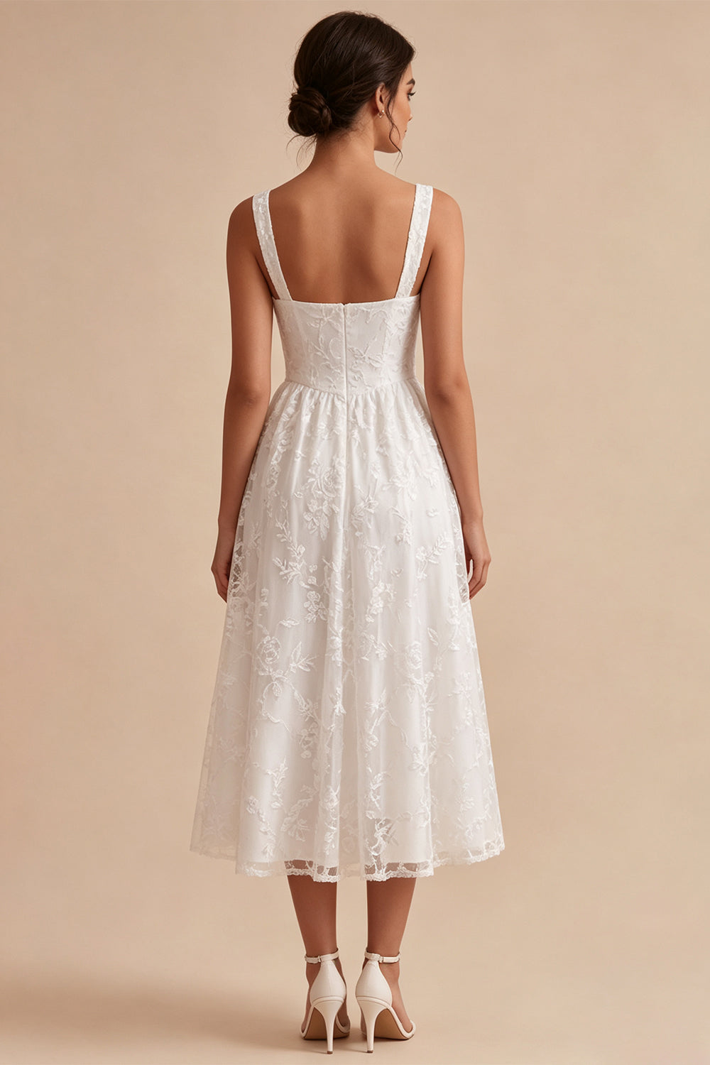 A-Line White Floral Thick Straps Keyhole Midi Engagement Dress