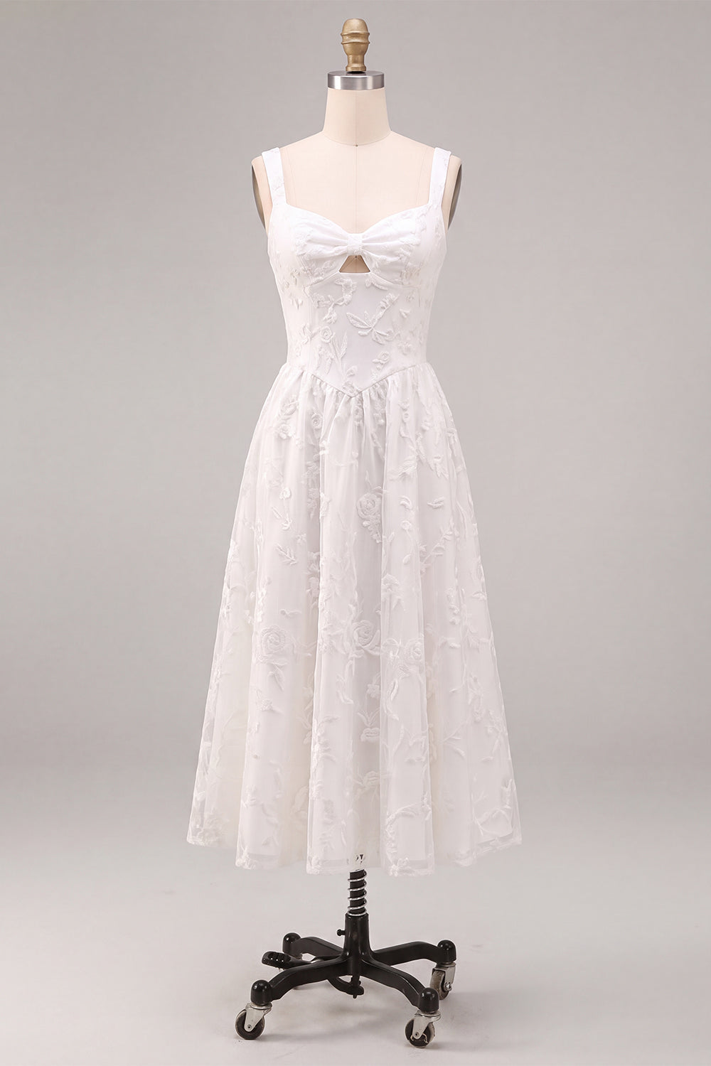 A-Line White Floral Thick Straps Keyhole Midi Engagement Dress