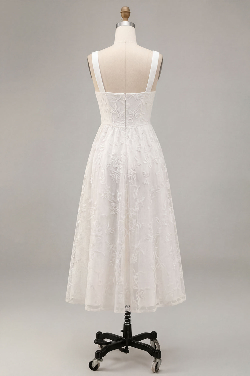 A-Line White Floral Thick Straps Keyhole Midi Engagement Dress