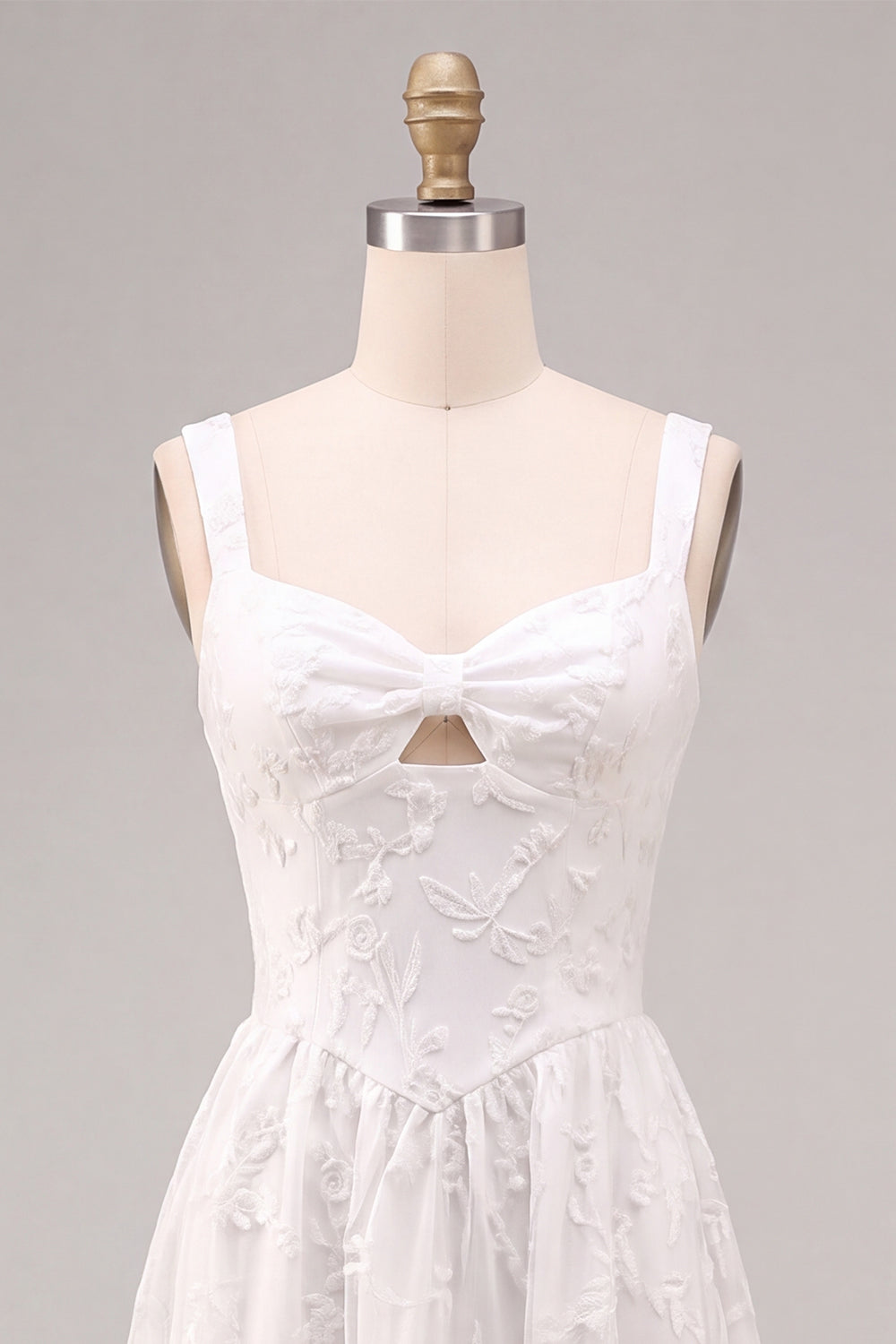 A-Line White Floral Thick Straps Keyhole Midi Engagement Dress
