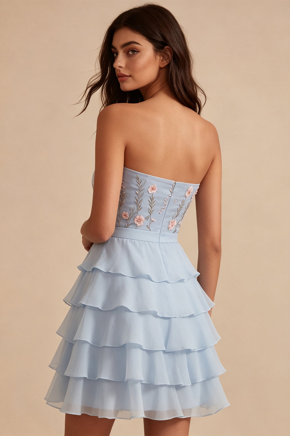 Blue Strapless A-Line Tiered Ruffled Floral Short Homecoming Dress