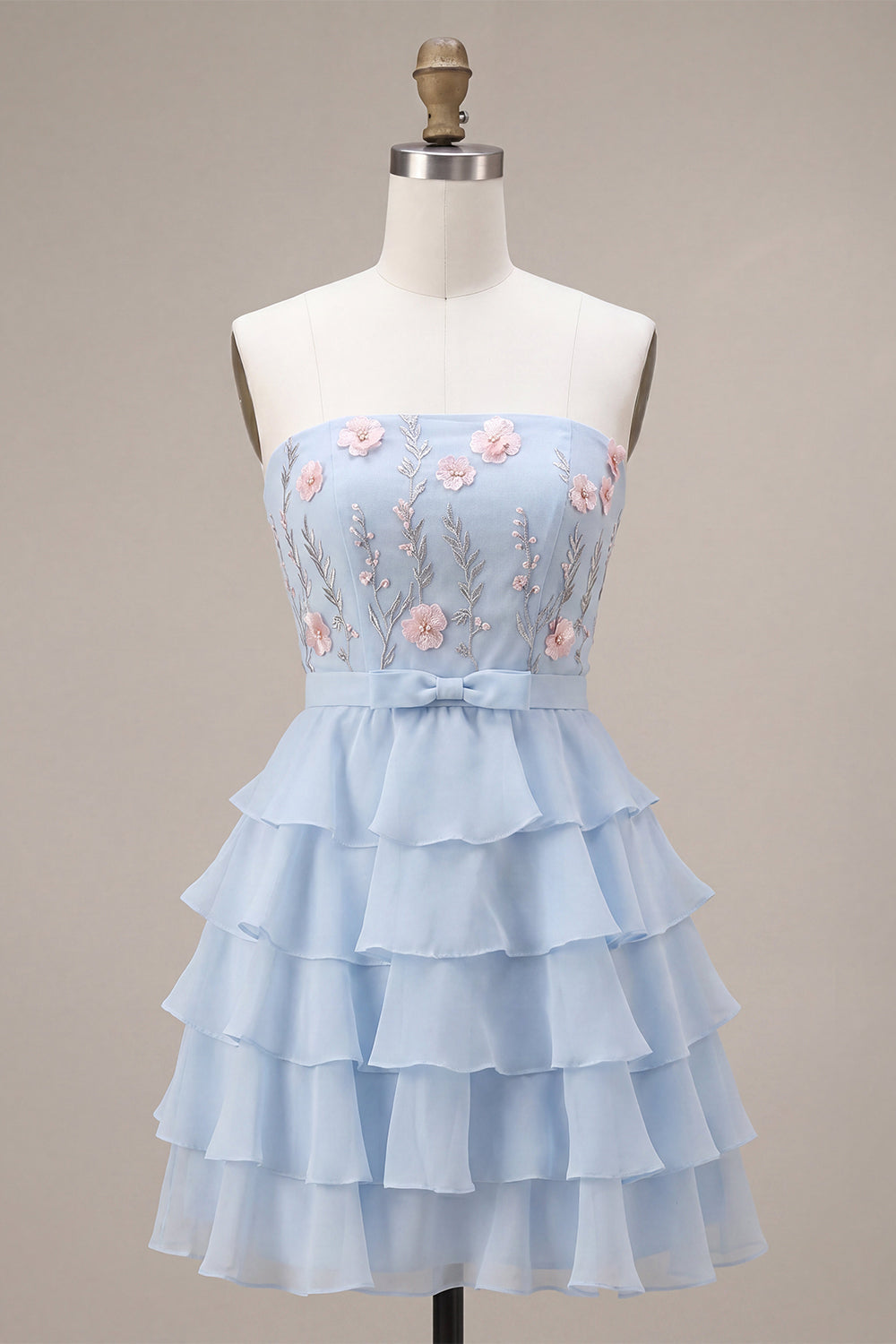 Blue Strapless A-Line Tiered Ruffled Floral Short Homecoming Dress