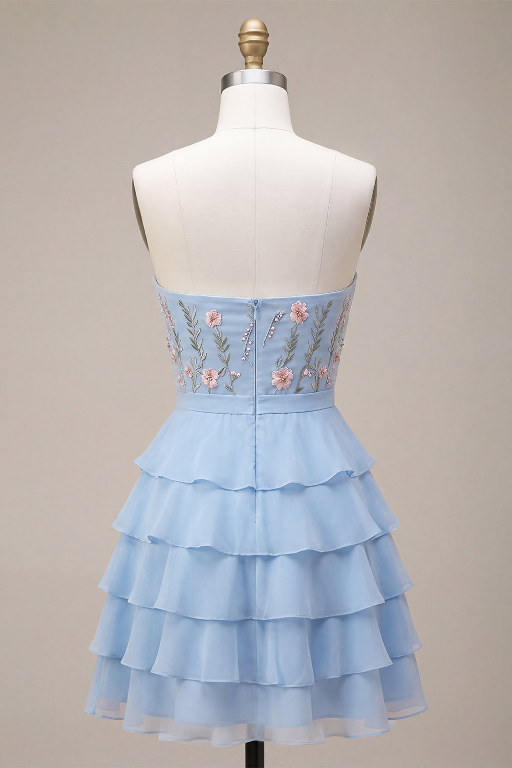 Blue Strapless A-Line Tiered Ruffled Floral Short Homecoming Dress