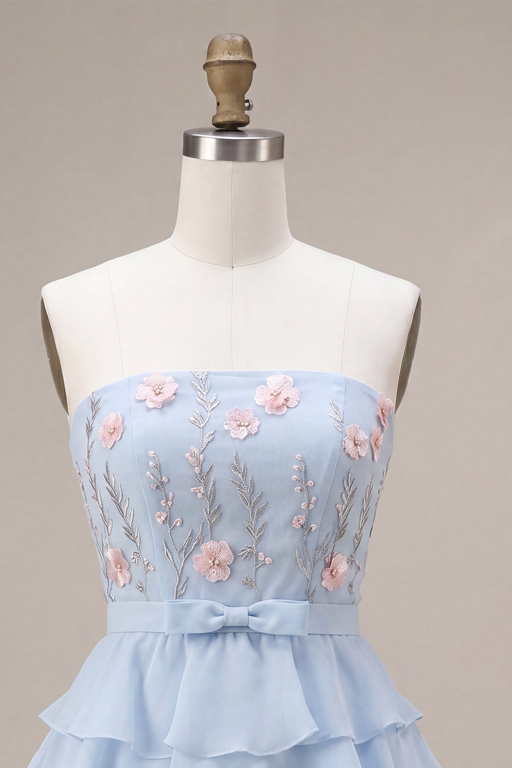 Blue Strapless A-Line Tiered Ruffled Floral Short Homecoming Dress
