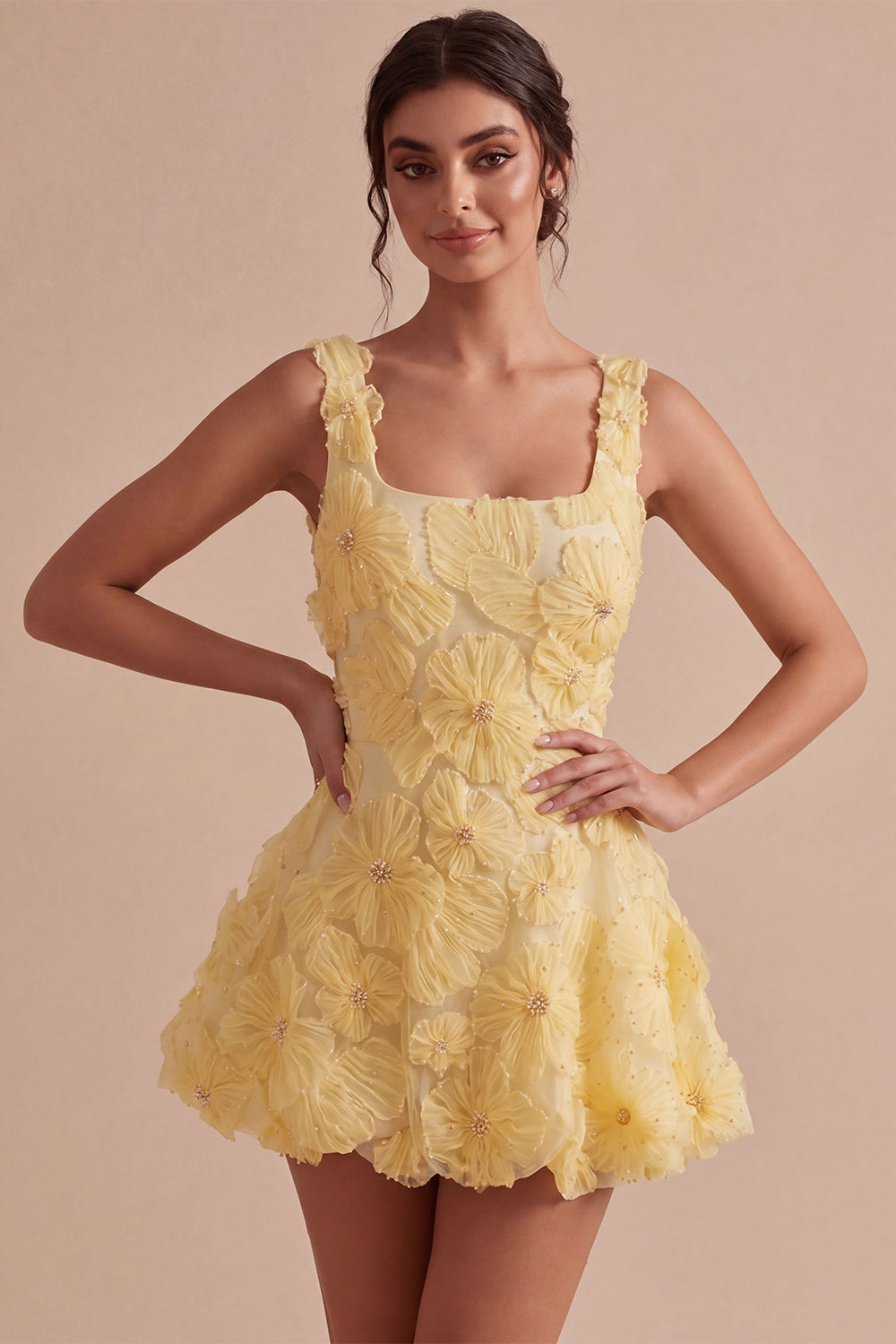 A-Line Square Neck Pearls Floral Short Yellow Birthday Dress with Beading
