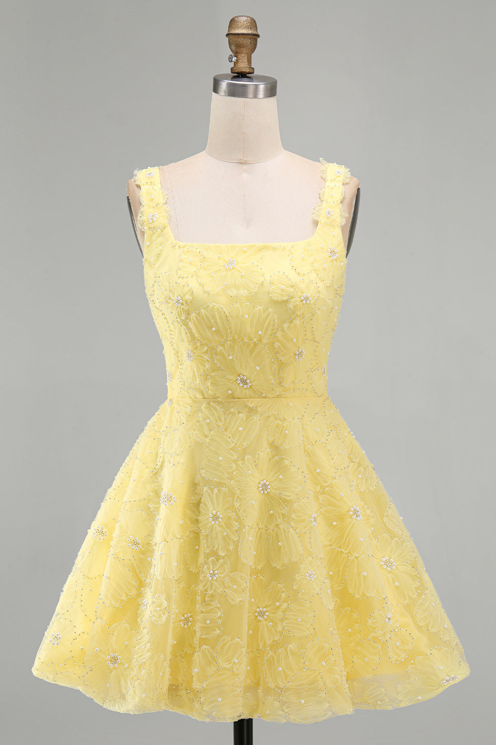 A-Line Square Neck Pearls Floral Short Yellow Birthday Dress with Beading