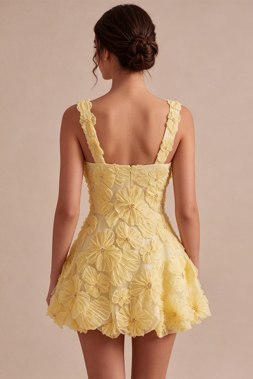 A-Line Square Neck Pearls Floral Short Yellow Birthday Dress with Beading