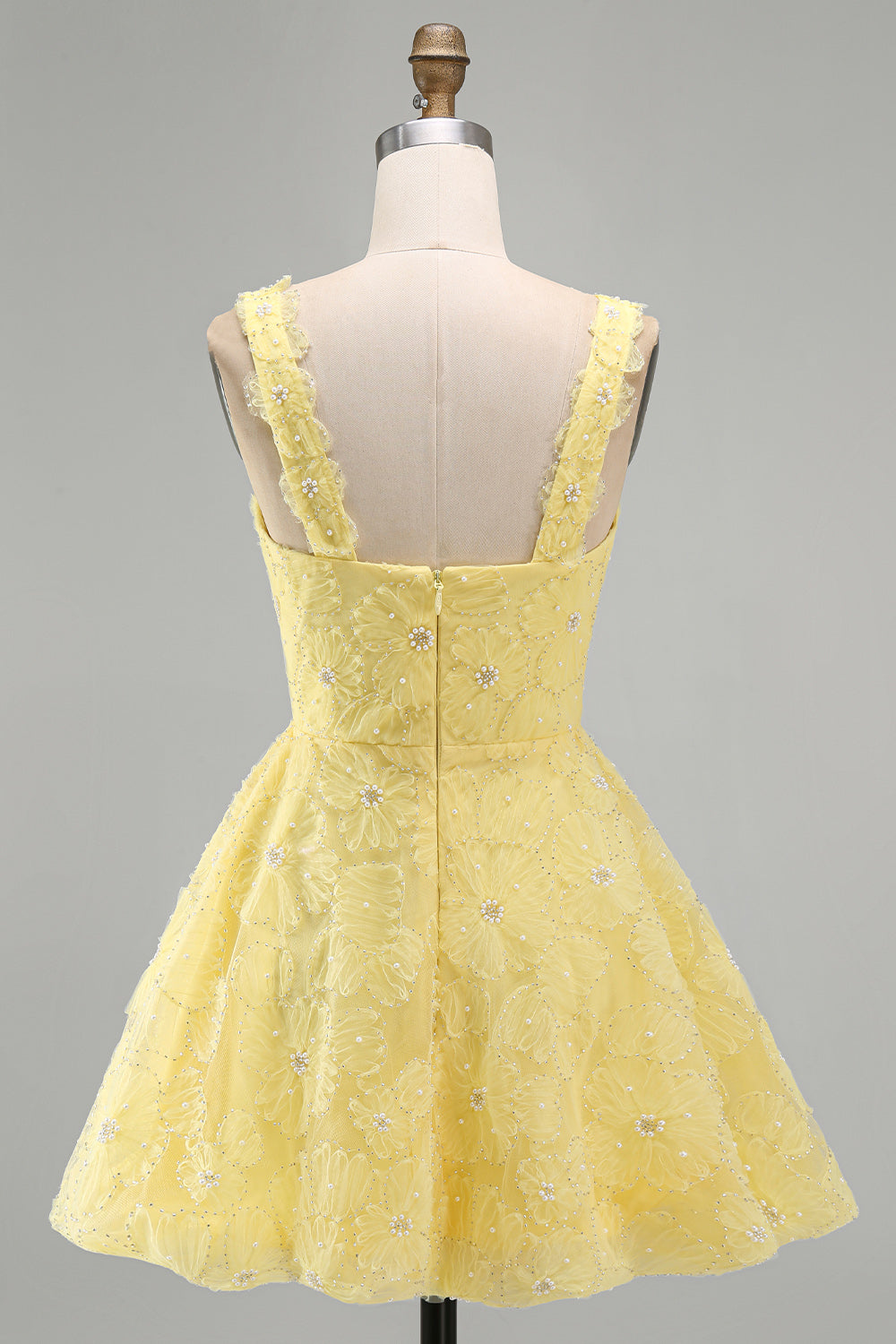 A-Line Square Neck Pearls Floral Short Yellow Birthday Dress with Beading