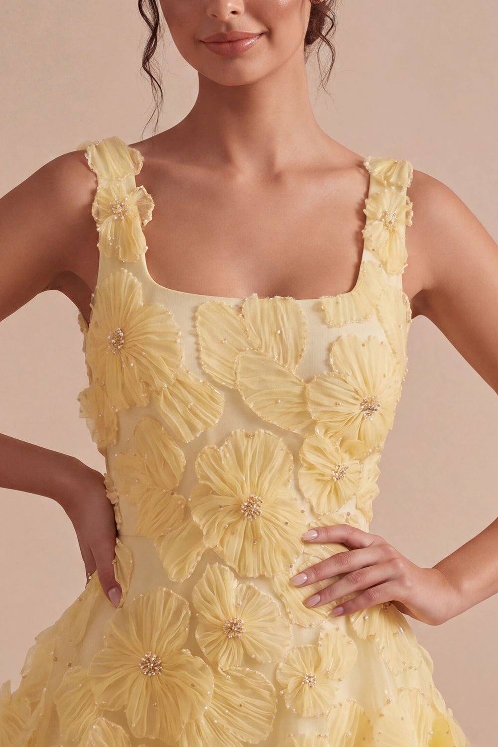 A-Line Square Neck Pearls Floral Short Yellow Birthday Dress with Beading