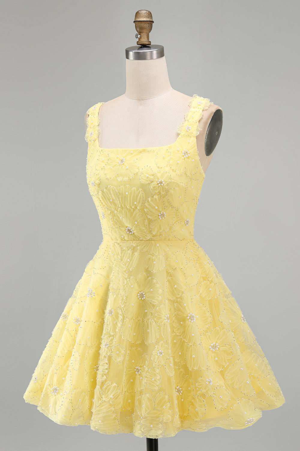 A-Line Square Neck Pearls Floral Short Yellow Birthday Dress with Beading