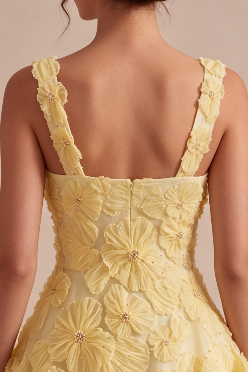 A-Line Square Neck Pearls Floral Short Yellow Birthday Dress with Beading