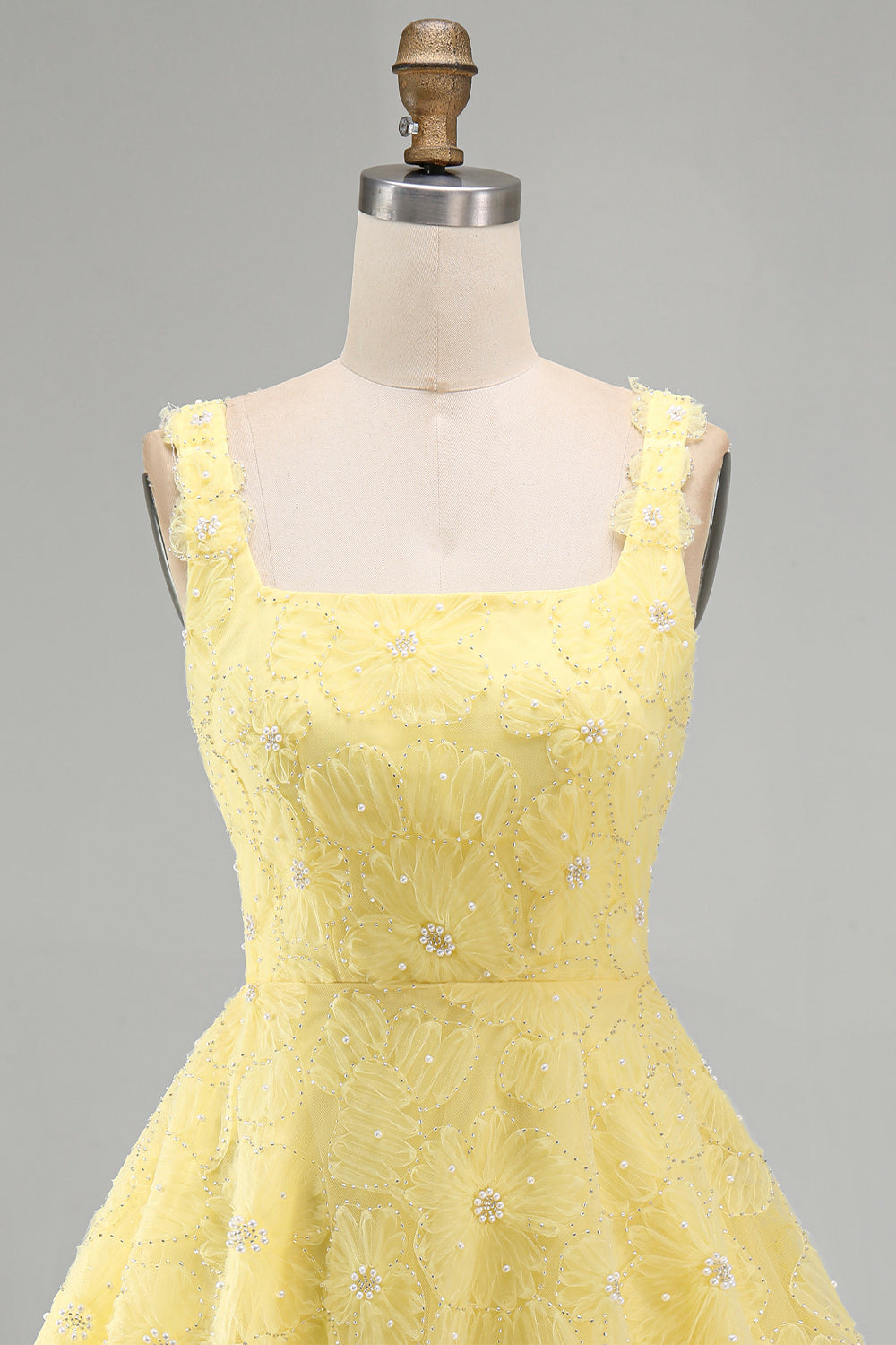 A-Line Square Neck Pearls Floral Short Yellow Birthday Dress with Beading