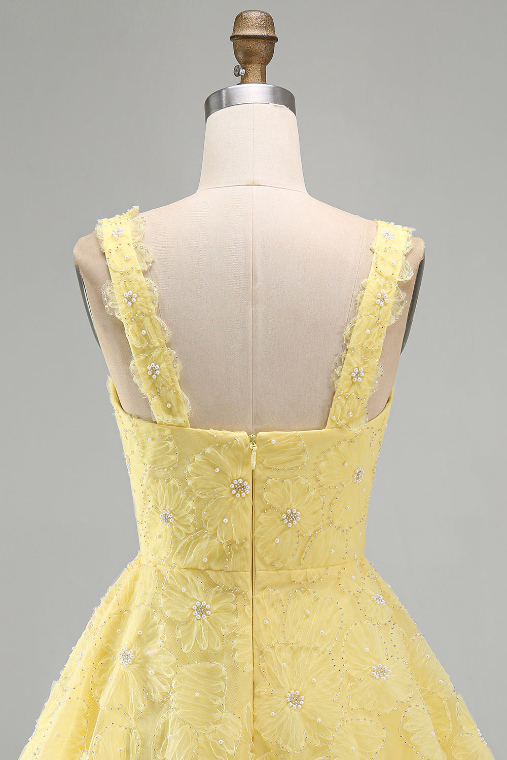 A-Line Square Neck Pearls Floral Short Yellow Birthday Dress with Beading