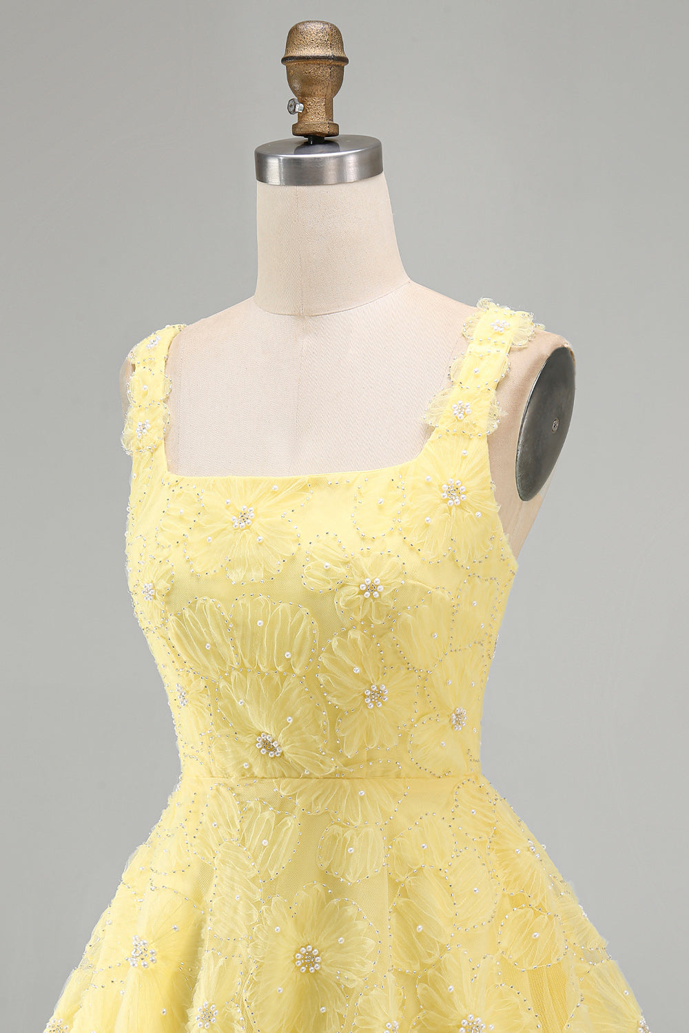 A-Line Square Neck Pearls Floral Short Yellow Birthday Dress with Beading