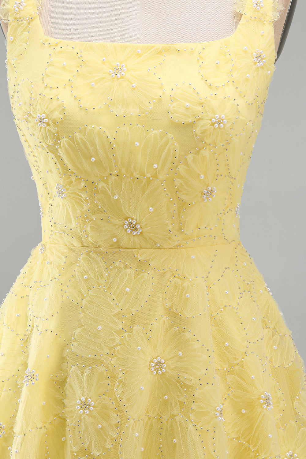 A-Line Square Neck Pearls Floral Short Yellow Birthday Dress with Beading