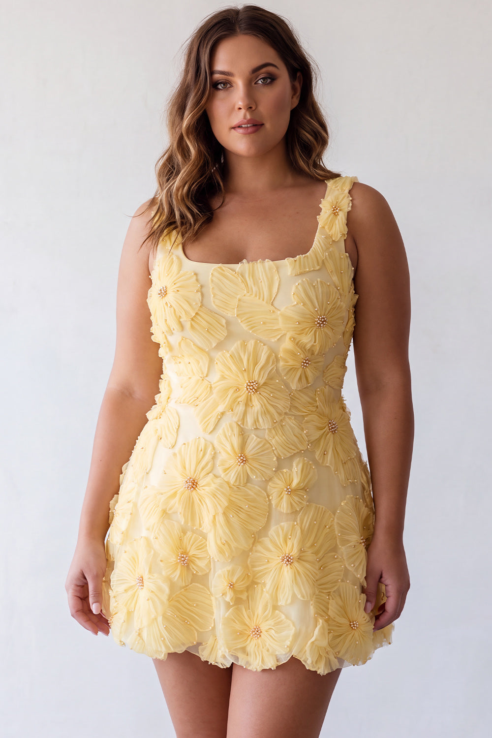 A-Line Square Neck Pearls Floral Short Yellow Birthday Dress with Beading