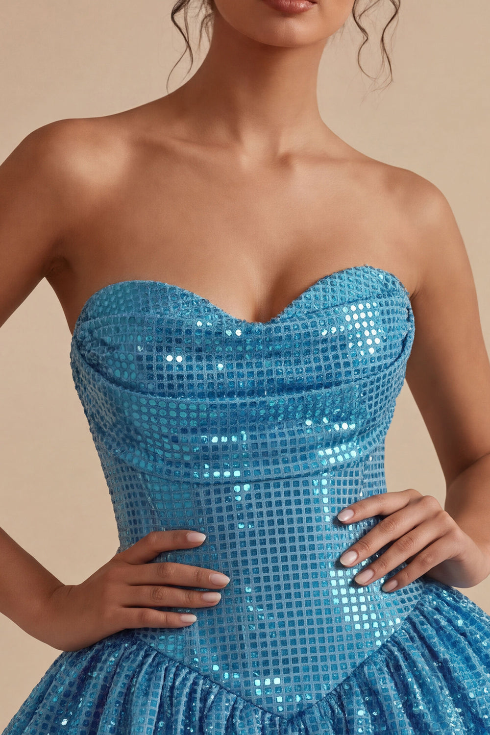 Sparkly Sweetheart Blue A-Line Sequins Short Bubble Hem Homecoming Dress