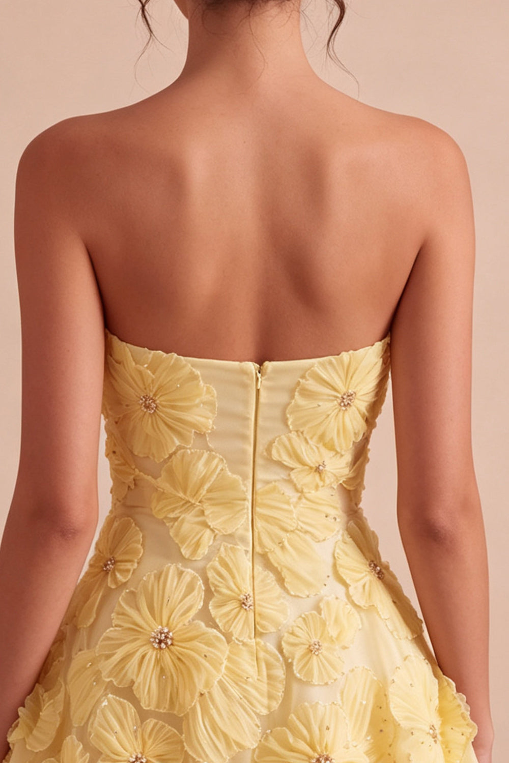 Yellow Sweetheart A-Line Beaded Pearls Floral Homecoming Dress with Ruffles