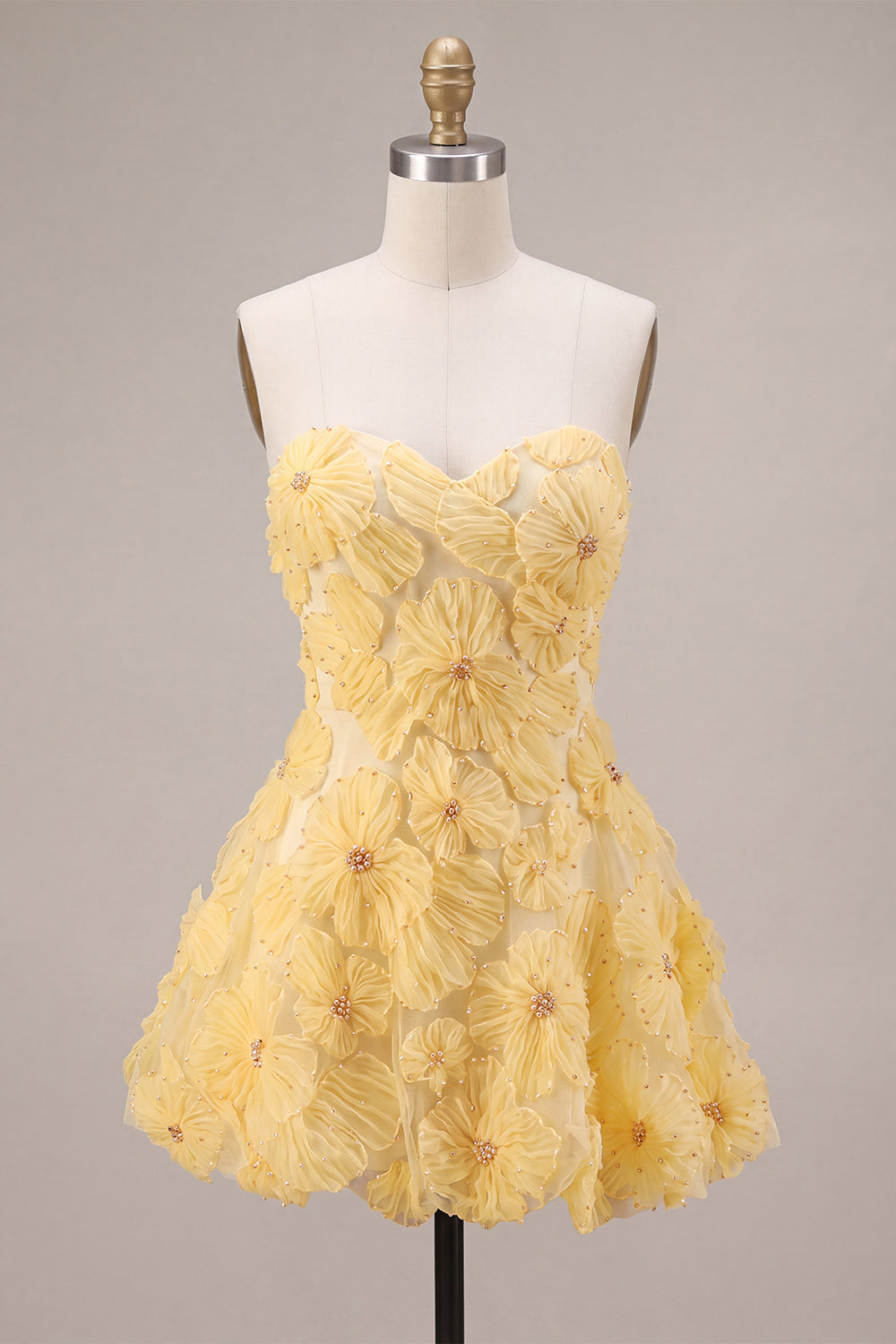 Yellow Sweetheart A-Line Beaded Pearls Floral Homecoming Dress with Ruffles