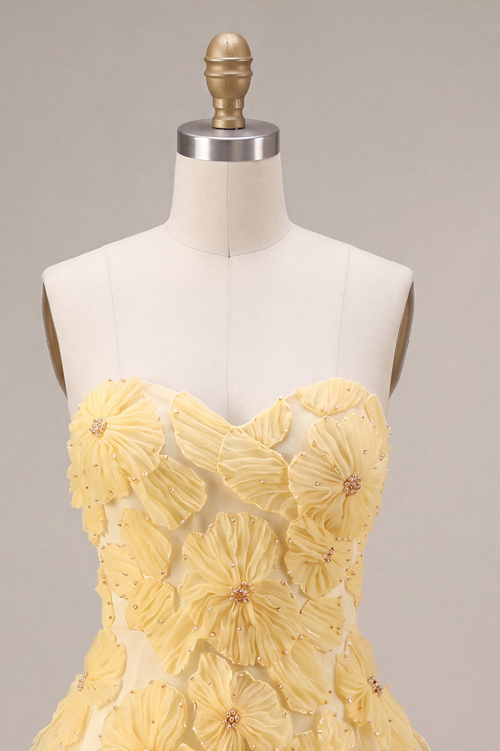 Yellow Sweetheart A-Line Beaded Pearls Floral Homecoming Dress with Ruffles