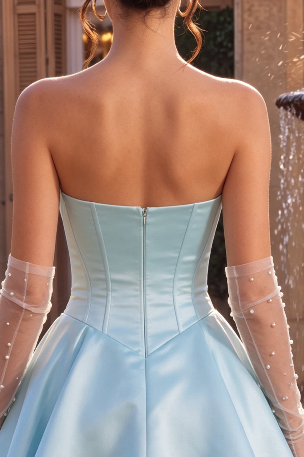Strapless Blue Basque Waist A-Line Tiered Ruffled Corset Satin Homecoming Dress